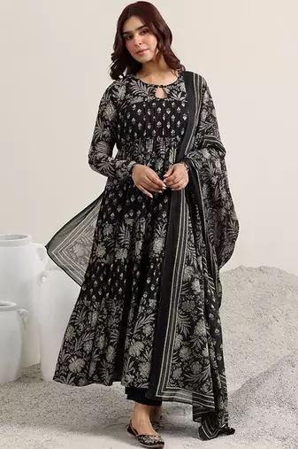 Womens black printed cotton anarkali kurta with trousers & dupatta