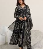Womens black printed cotton anarkali kurta with trousers & dupatta