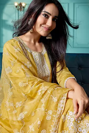 Ethnic motifs embroidered thread work straight kurta with trousers & dupatta