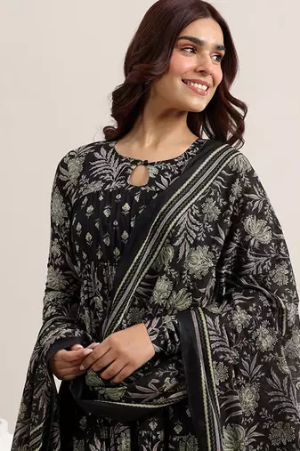 Womens black printed cotton anarkali kurta with trousers & dupatta