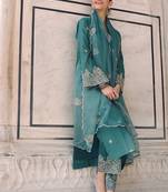 Floral embroidered thread work v-neck straight kurta with palazzo & dupatta