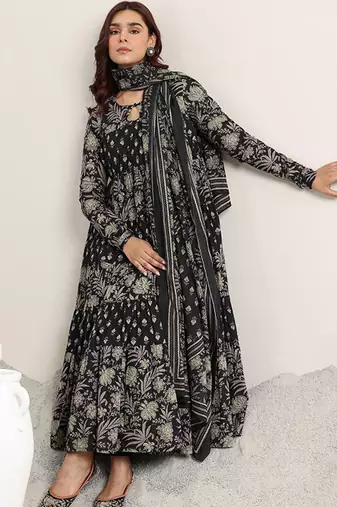Womens black printed cotton anarkali kurta with trousers & dupatta