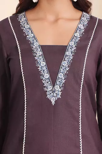 V-neck embroidered thread work straight kurta with trousers