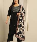 Plus size floral embroidered thread work kurta with trousers & dupatta