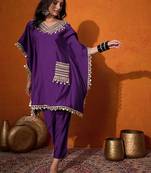 Ethnic motifs yoke design embroidered kaftan kurta & trousers