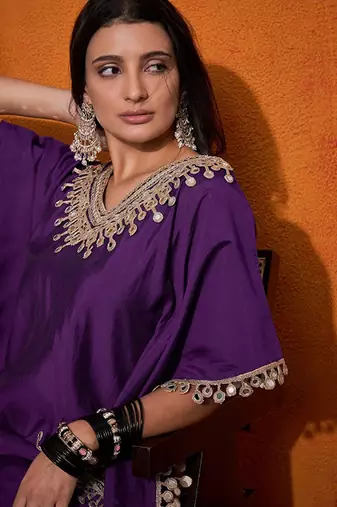 Ethnic motifs yoke design embroidered kaftan kurta & trousers