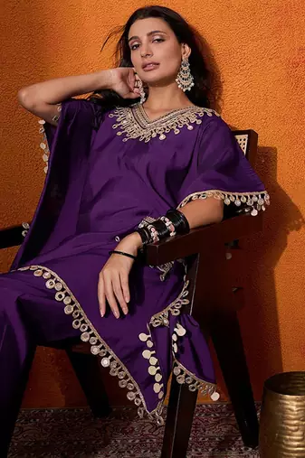 Ethnic motifs yoke design embroidered kaftan kurta & trousers