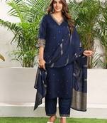 Floral embroidered v-neck thread work straight kurta with trouser and dupatta
