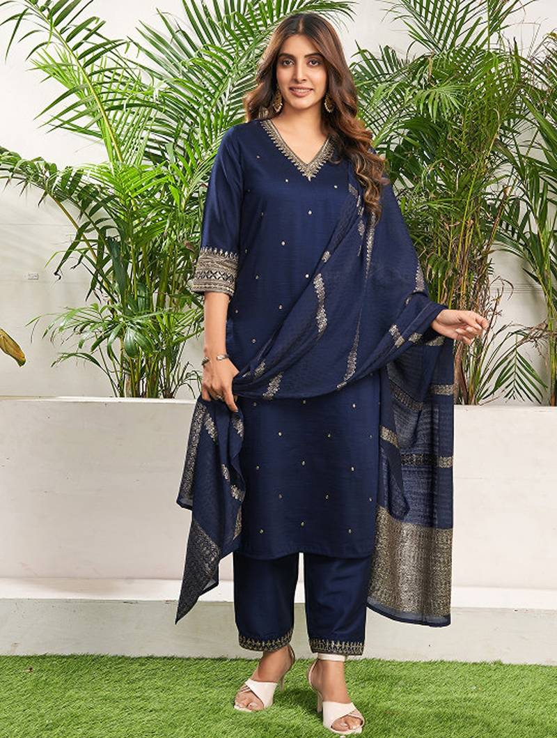 Floral embroidered v-neck thread work straight kurta with trouser and dupatta