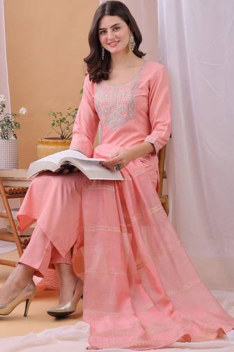 Yoke design sequinned straight kurta with trousers and dupatta