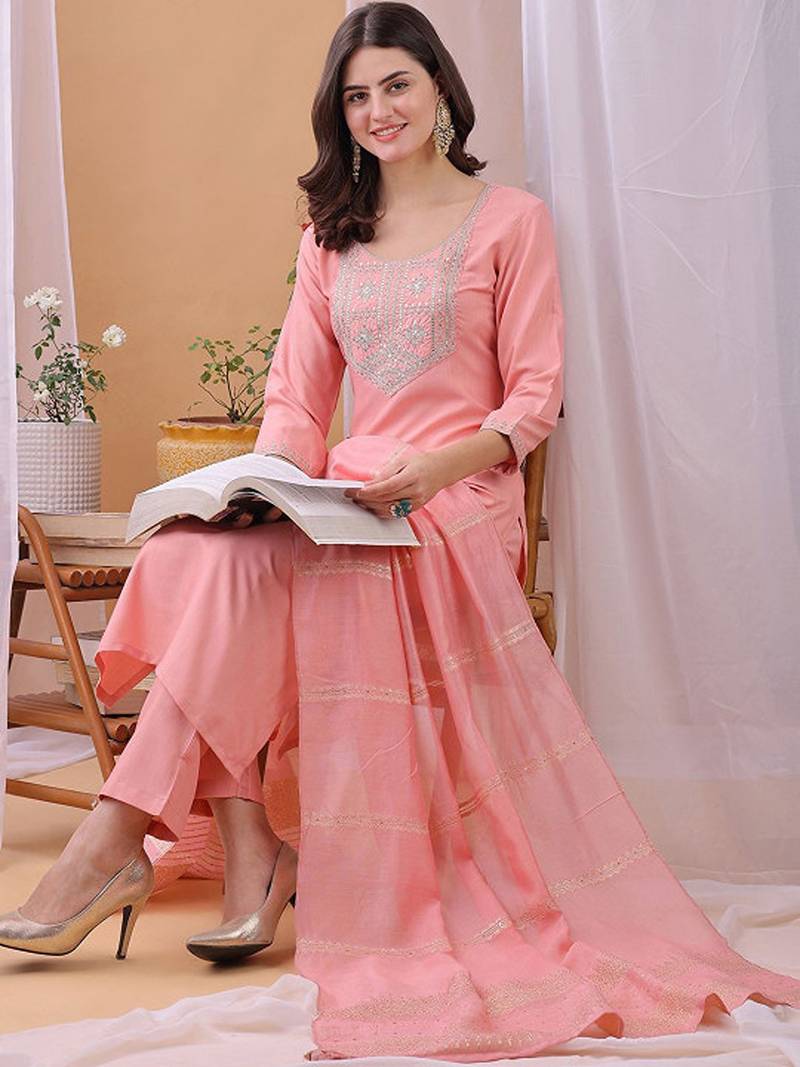 Yoke design sequinned straight kurta with trousers and dupatta