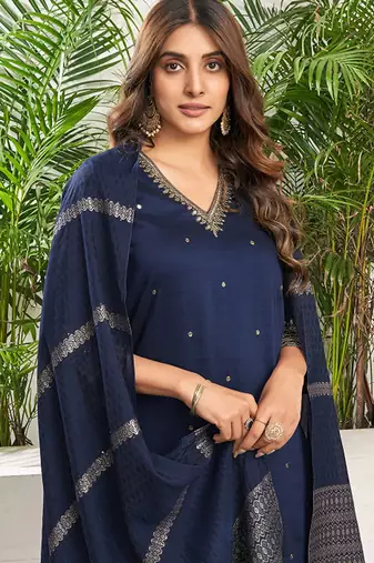 Floral embroidered v-neck thread work straight kurta with trouser and dupatta