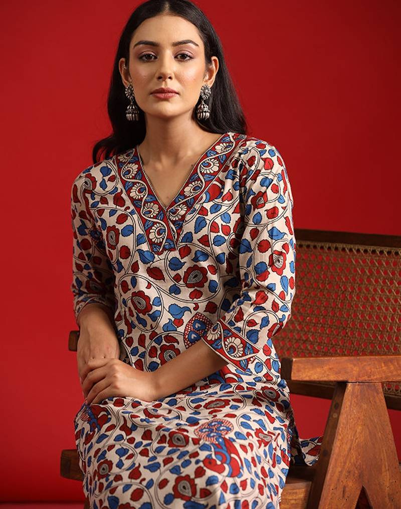 Beige floral printed pure cotton kurta with trousers