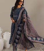 Floral printed notch-neck kurta with trousers and dupatta