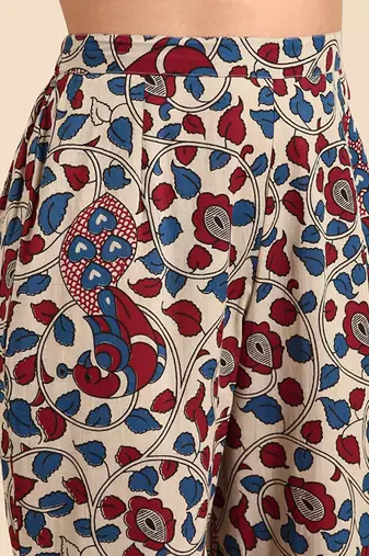 Beige floral printed pure cotton kurta with trousers