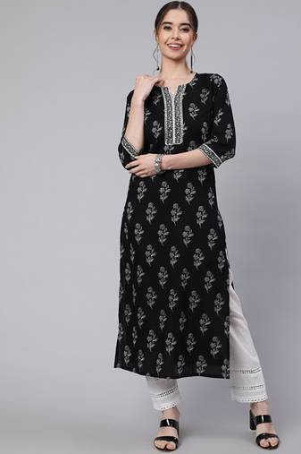 Floral printed round neck pure cotton kurta