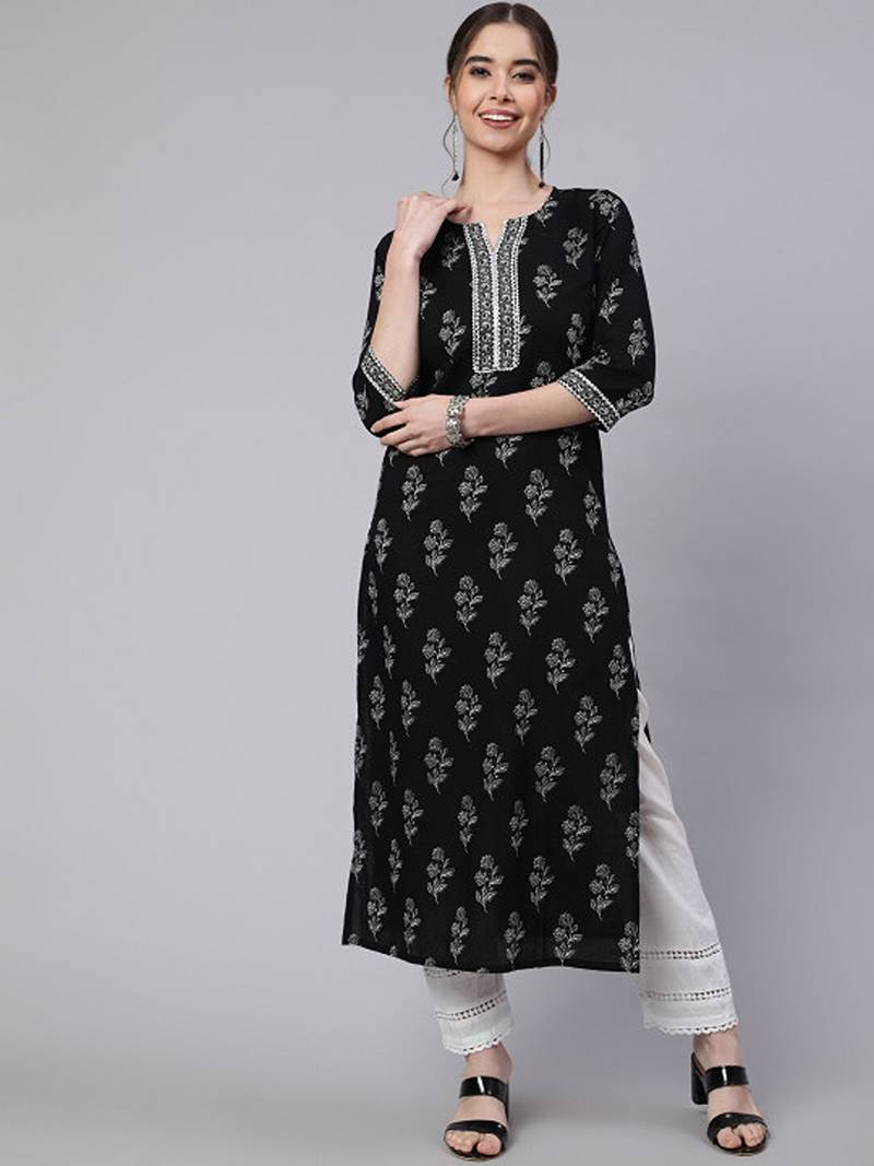 Floral printed round neck pure cotton kurta