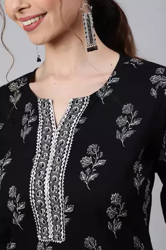 Floral printed round neck pure cotton kurta