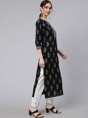 Floral printed round neck pure cotton kurta 3
