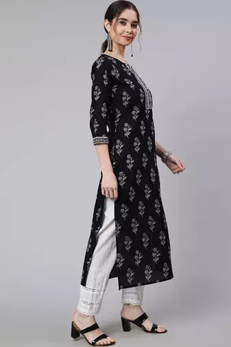 Floral printed round neck pure cotton kurta