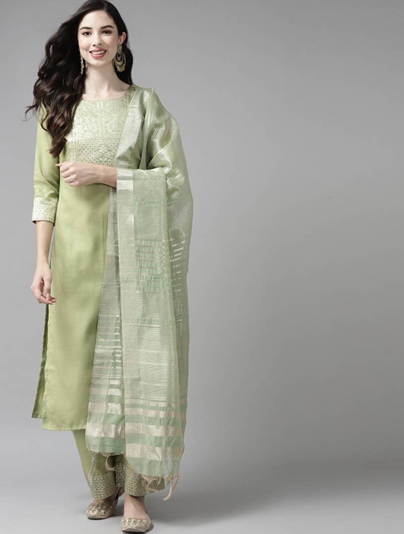 Green yoke design regular republic day kurta with palazzos & dupatta