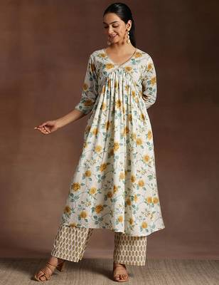 Floral printed pleated gotta patti pure cotton a-line kurta with palazzos 1