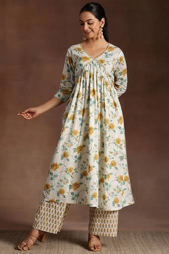 Floral printed pleated gotta patti pure cotton a-line kurta with palazzos