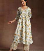 Floral printed pleated gotta patti pure cotton a-line kurta with palazzos