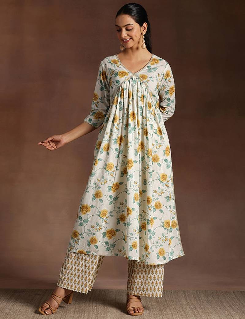 Floral printed pleated gotta patti pure cotton a-line kurta with palazzos