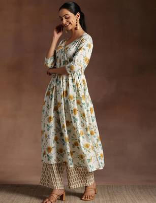 Floral printed pleated gotta patti pure cotton a-line kurta with palazzos 3