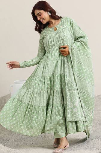 Womens green printed cotton anarkali kurta with trousers & dupatta