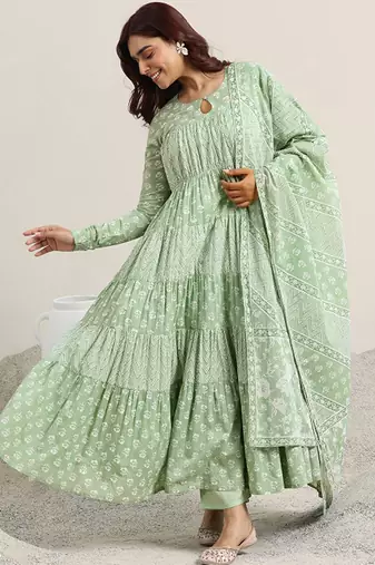 Womens green printed cotton anarkali kurta with trousers & dupatta