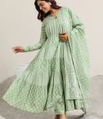 Womens green printed cotton anarkali kurta with trousers & dupatta