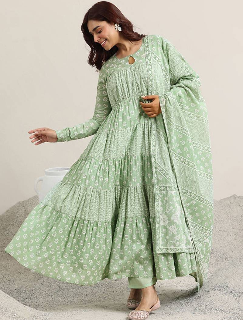 Womens green printed cotton anarkali kurta with trousers & dupatta