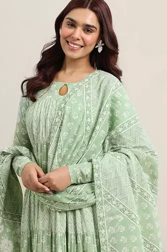 Womens green printed cotton anarkali kurta with trousers & dupatta