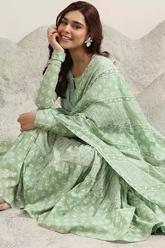 Womens green printed cotton anarkali kurta with trousers & dupatta