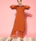 Rust flared sleeve organza detailed v neck textured kurta with palazzo