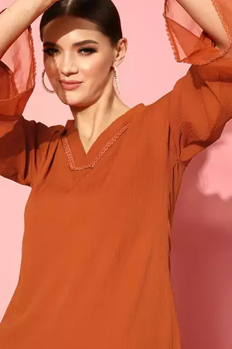 Rust flared sleeve organza detailed v neck textured kurta with palazzo