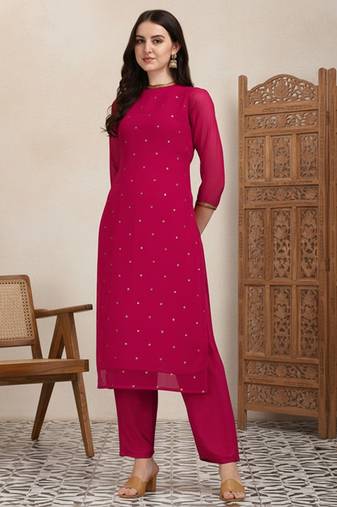 Ethnic motifs embellished straight sequinned kurta with trousers