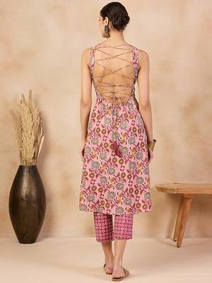 Pink floral printed v-neck regular cotton a-line kurta with trousers 3