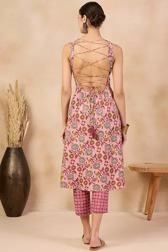 Pink floral printed v-neck regular cotton a-line kurta with trousers