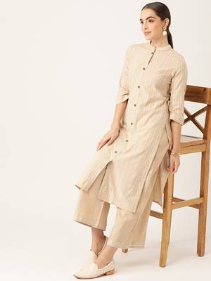 Beige cotton striped kurta with palazzos 1