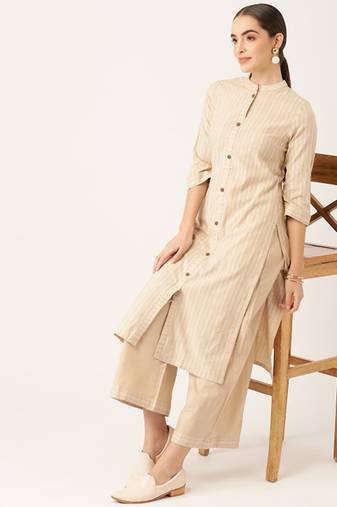 Beige cotton striped kurta with palazzos