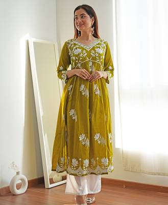 Floral printed flared sleeves thread work summer sheers kurta 1