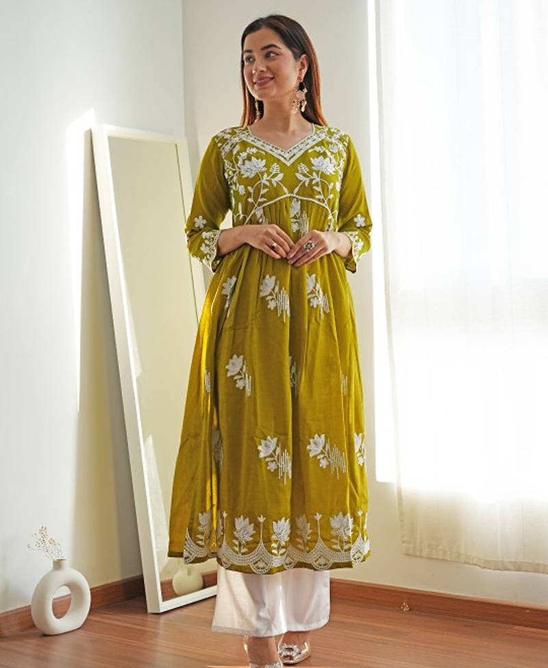 Floral printed flared sleeves thread work summer sheers kurta