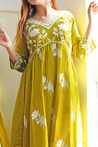 Floral printed flared sleeves thread work summer sheers kurta
