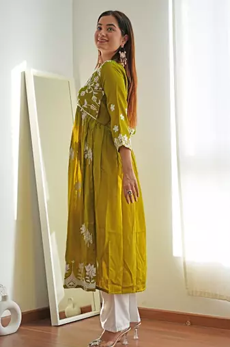 Floral printed flared sleeves thread work summer sheers kurta