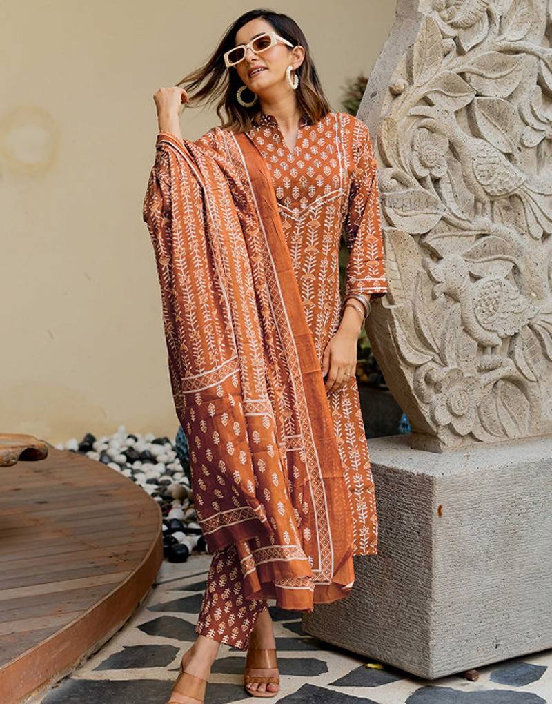 Floral printed gotta patti pure cotton kurta with trousers & with dupatta
