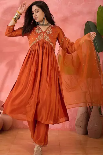 Orange floral embroidered v-neck a-line kurta with trousers and dupatta