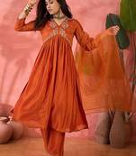 Orange floral embroidered v-neck a-line kurta with trousers and dupatta